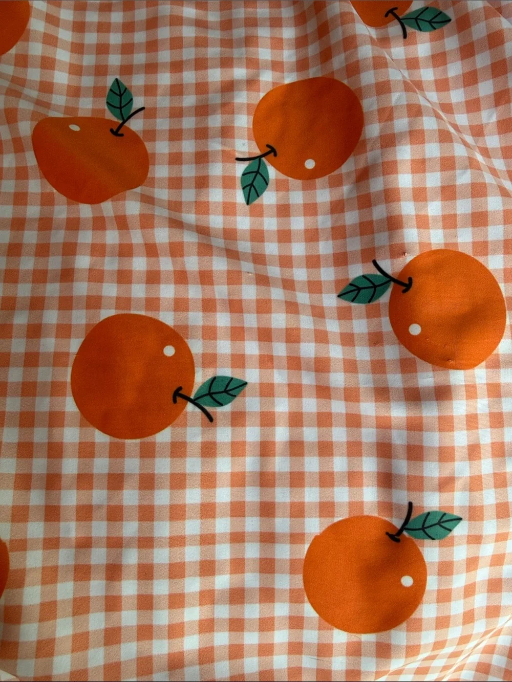 Girls Orange Gingham One-Piece Swimsuit with Fruit Print and Ruffle Trim